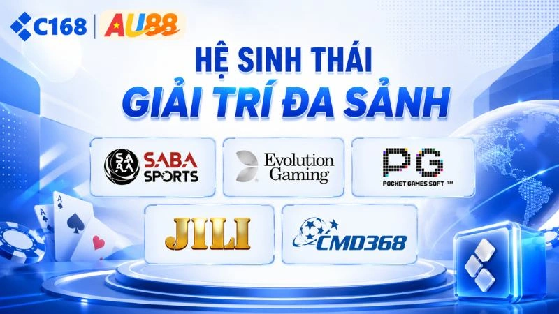 Hệ sinh thái giải trí tại C168 gồm thể thao, casino, nổ hũ, bắn cá, xổ số và game bài